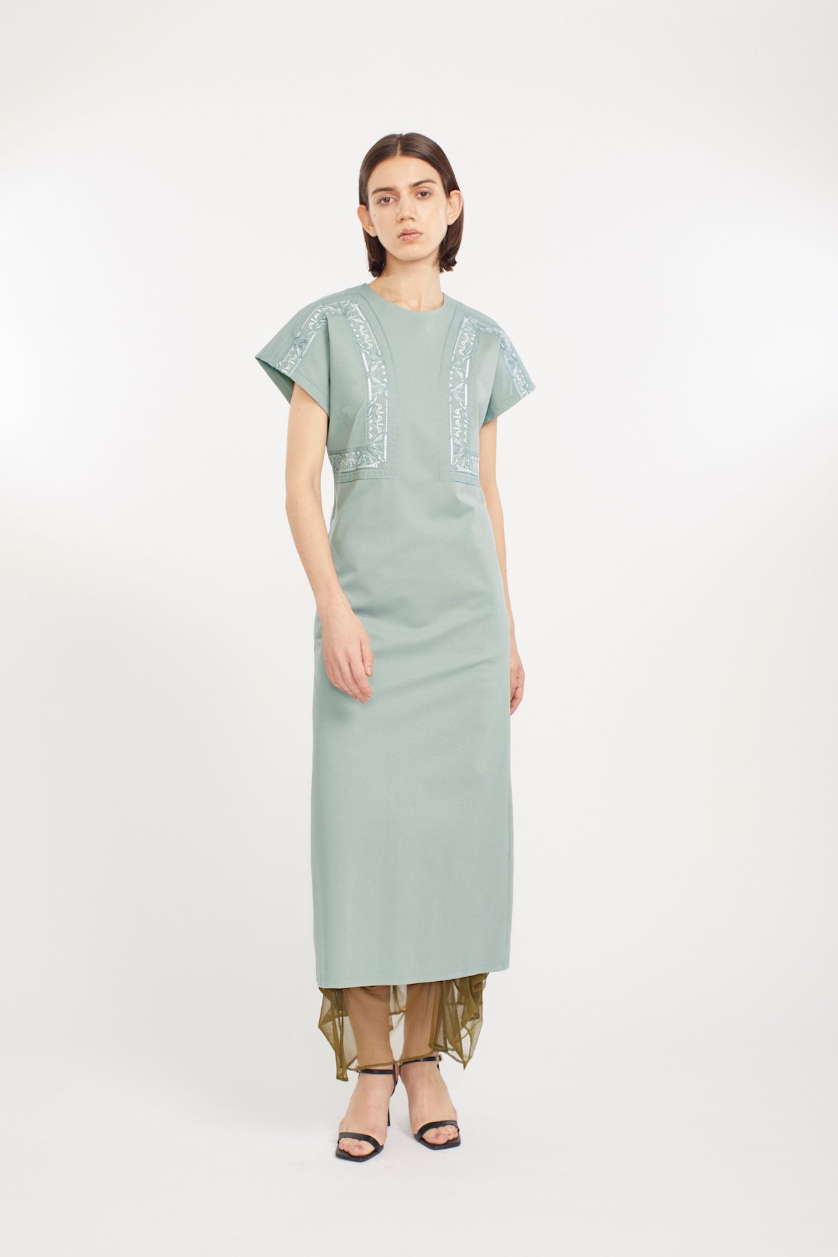 Framed embroidered jersey dress (Ash green)