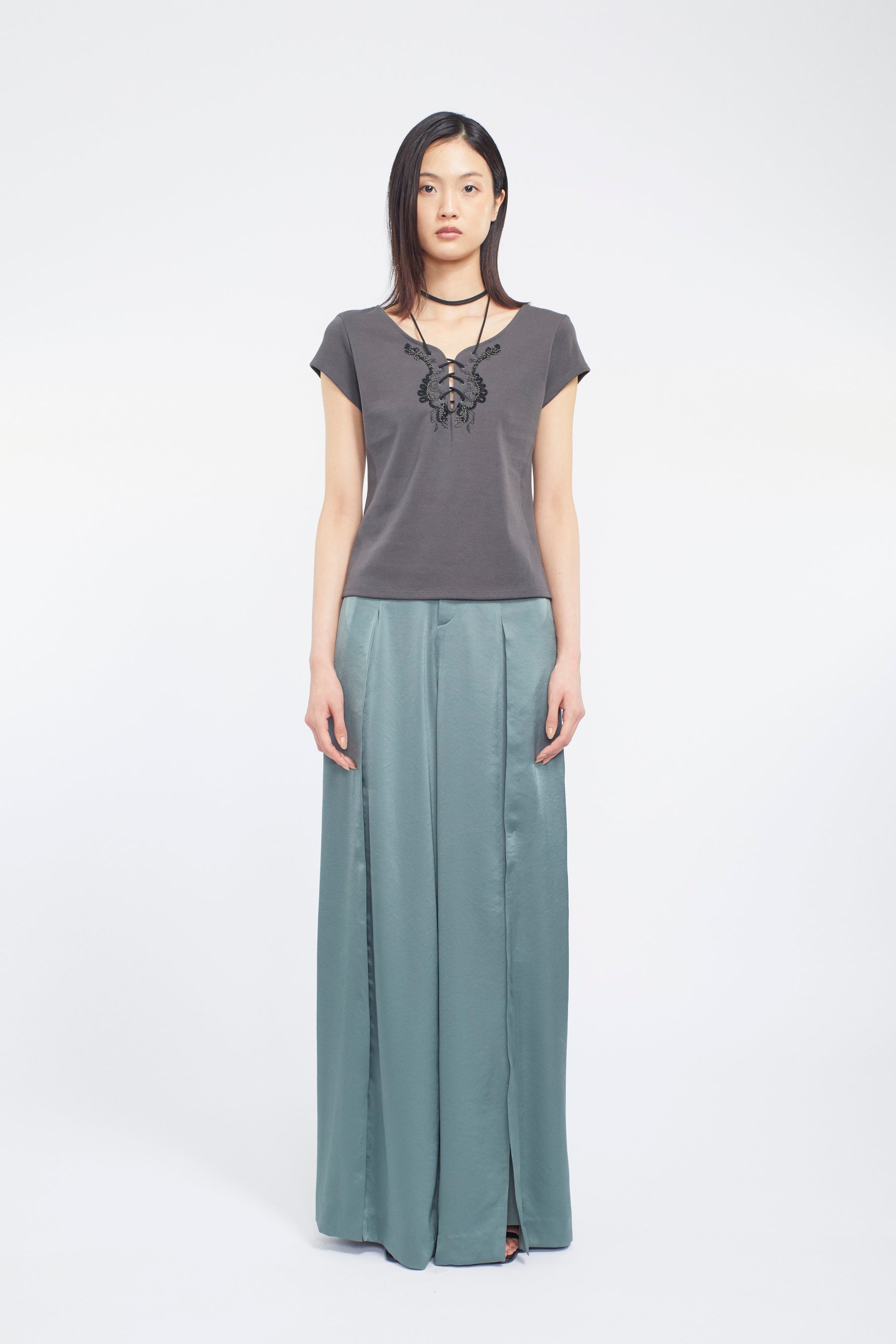 Lace up embroidered tops (Gray)