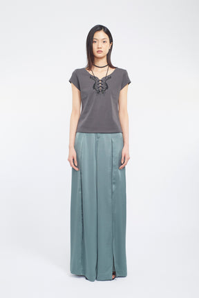 Zip slit satin slacks (Slate green)