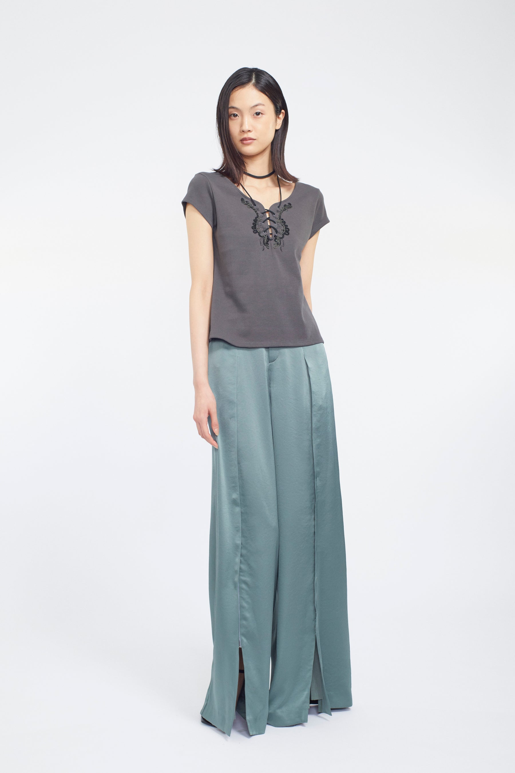 Lace up embroidered tops (Gray)