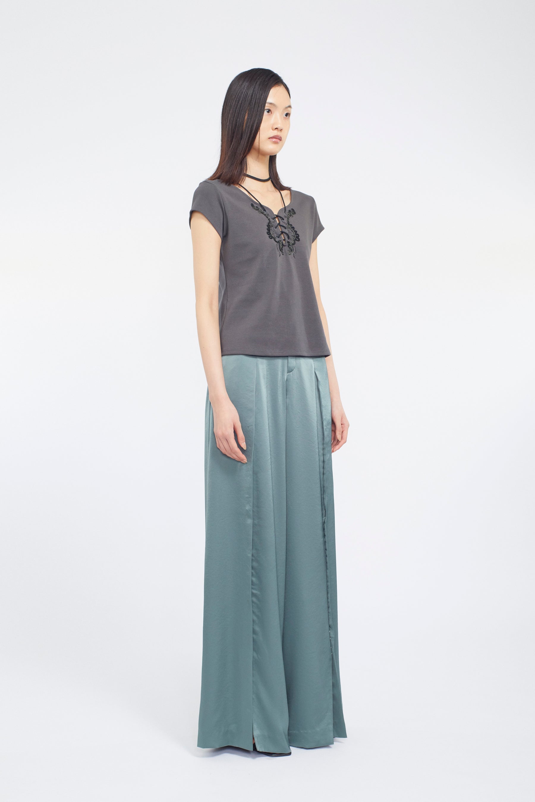 Zip slit satin slacks (Slate green)
