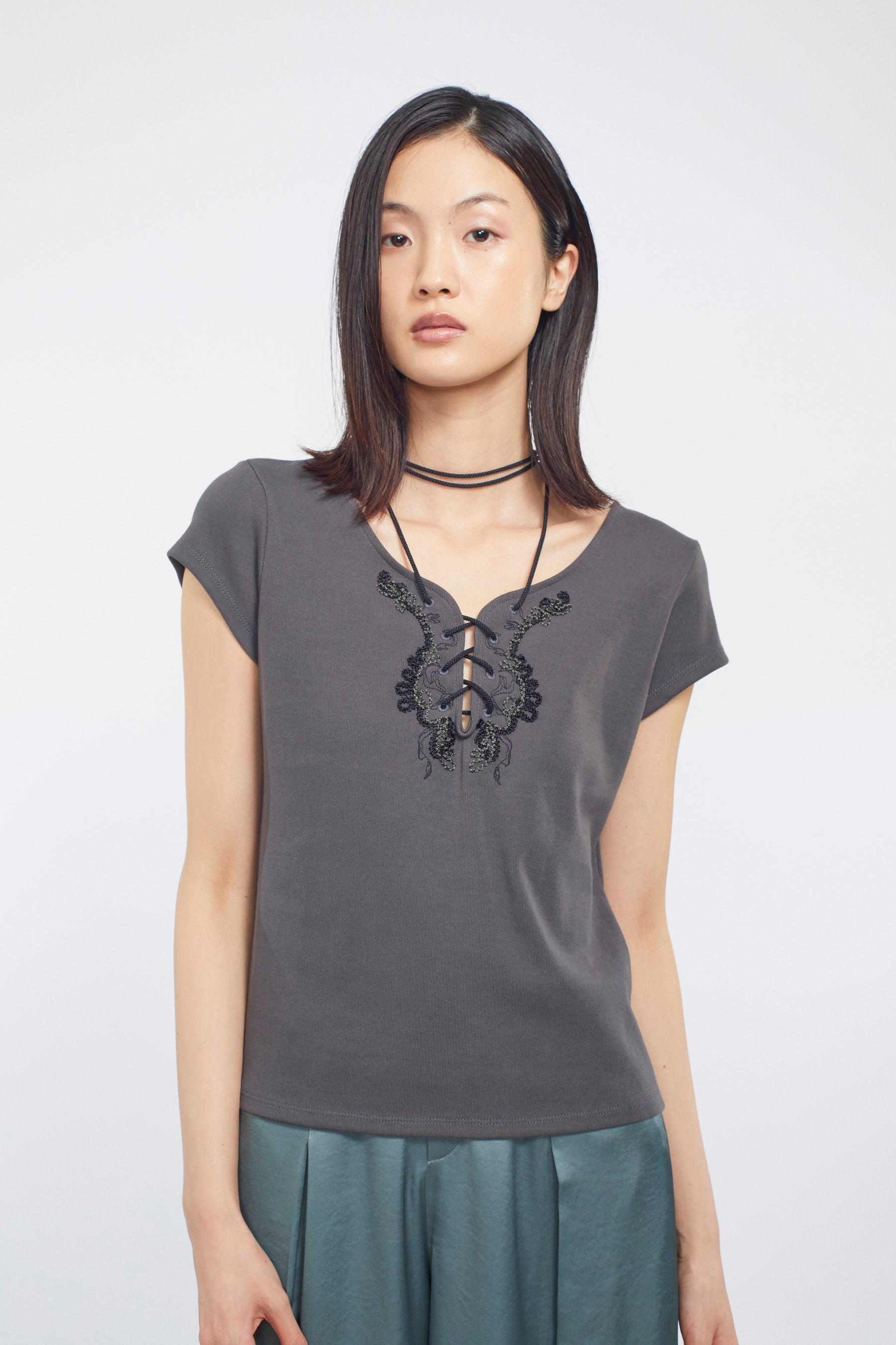 Lace up embroidered tops (Gray)