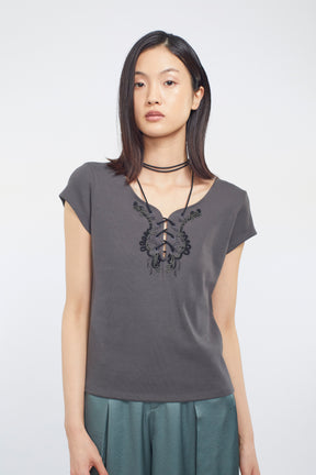 Lace up embroidered tops (Gray)