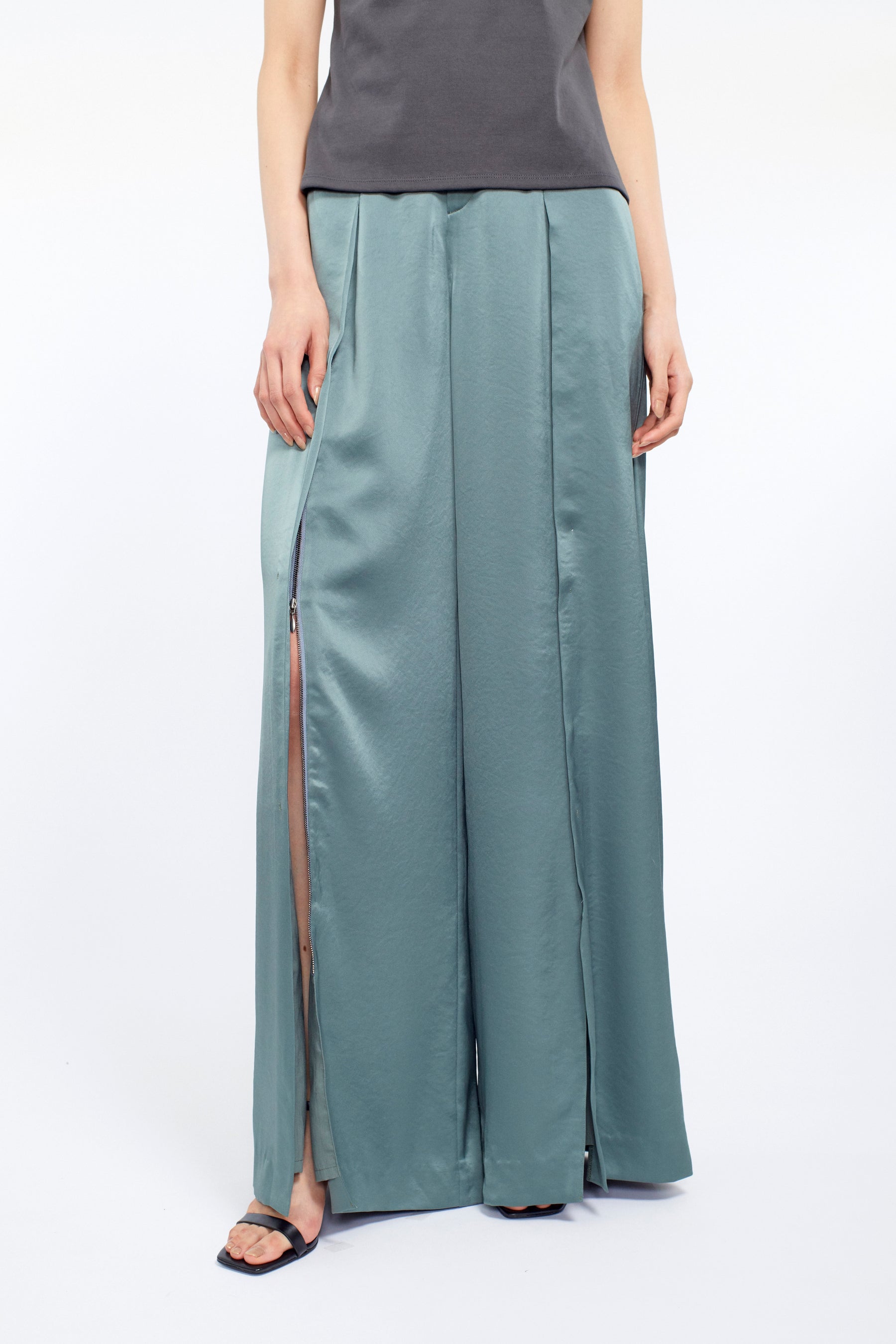 Zip slit satin slacks (Slate green)