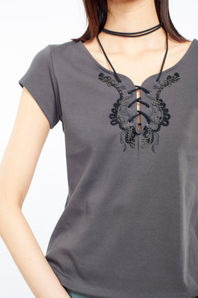 Lace up embroidered tops (Gray)