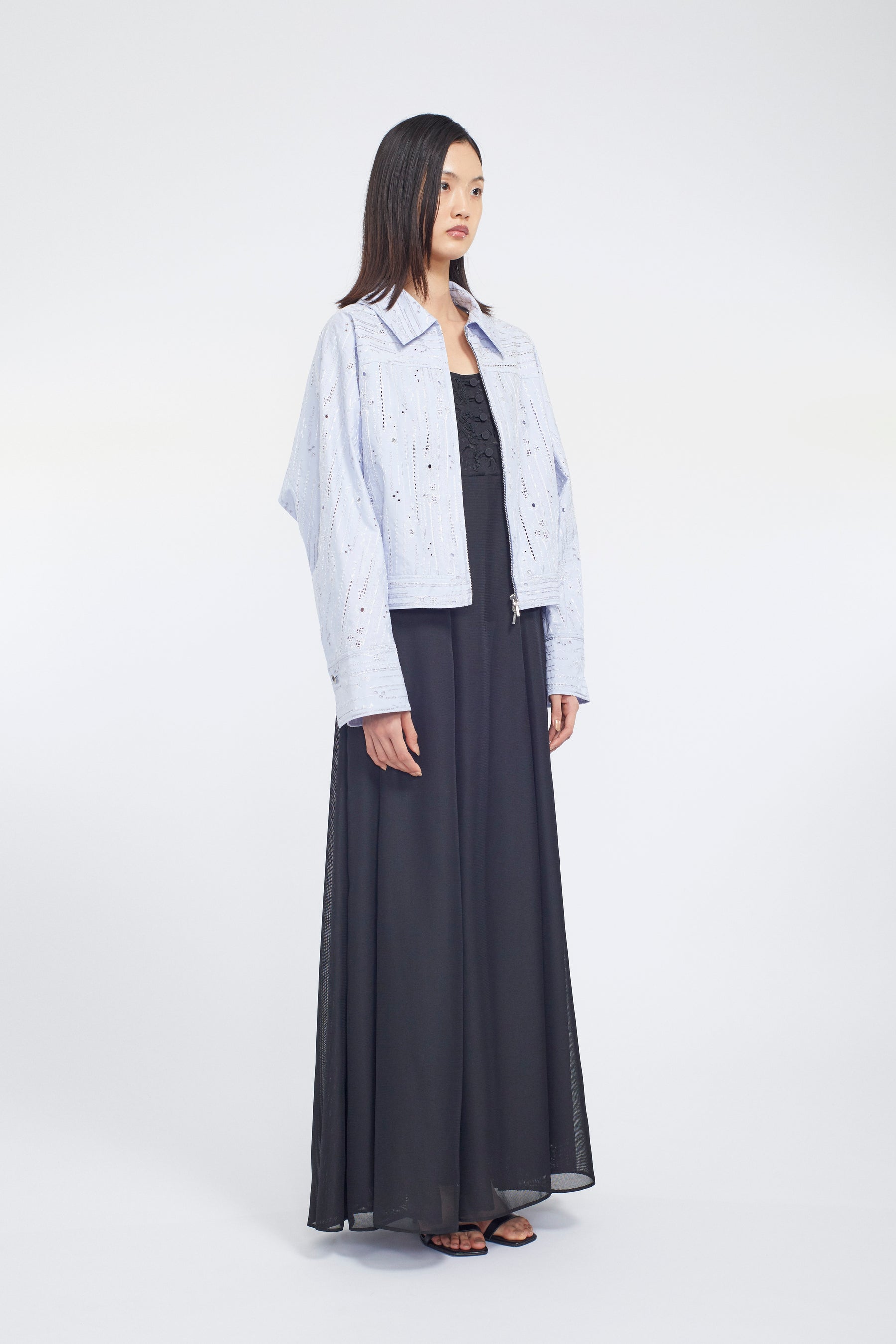 Swaying stripe embroidered blouson (Blue)