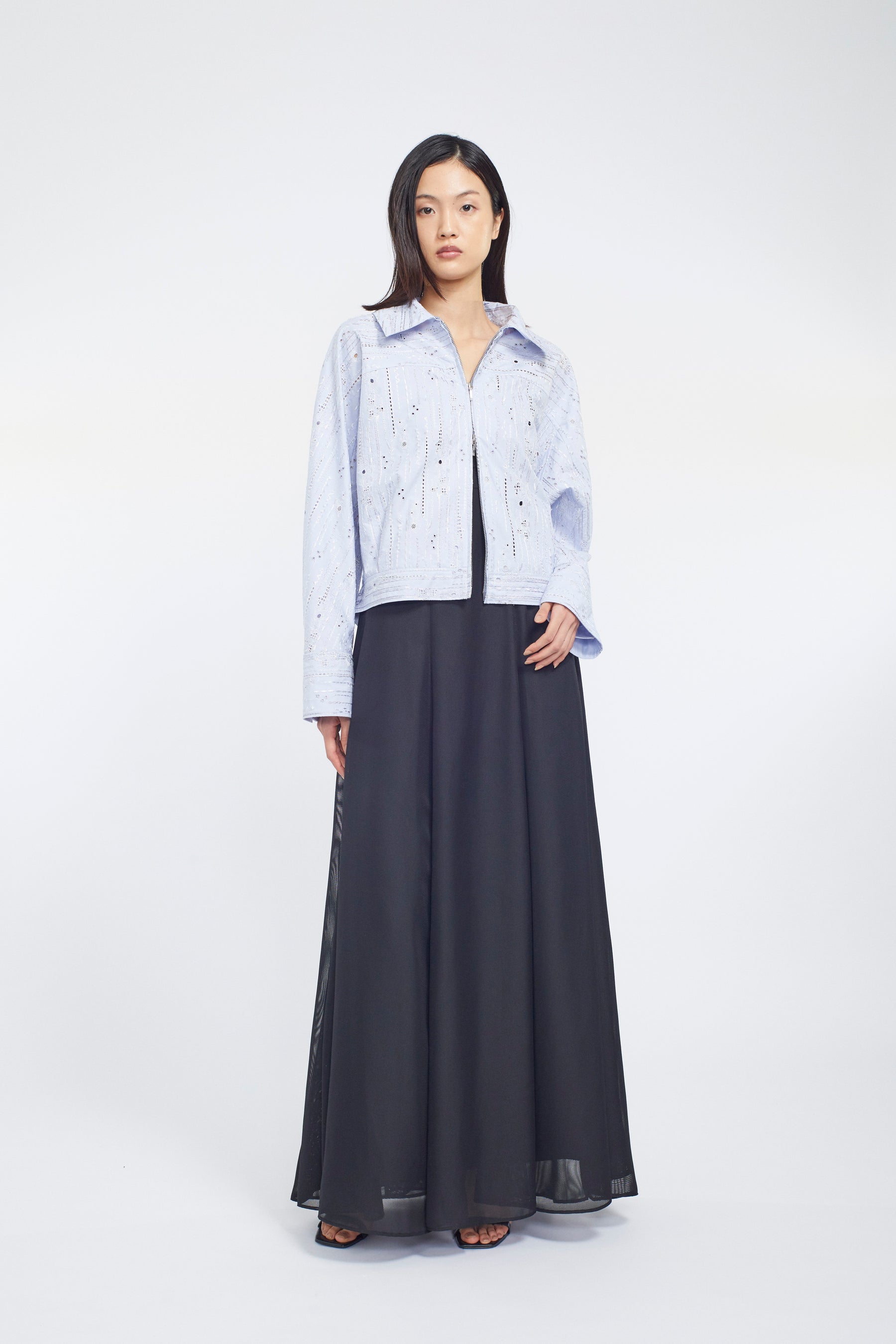 Swaying stripe embroidered blouson (Blue)