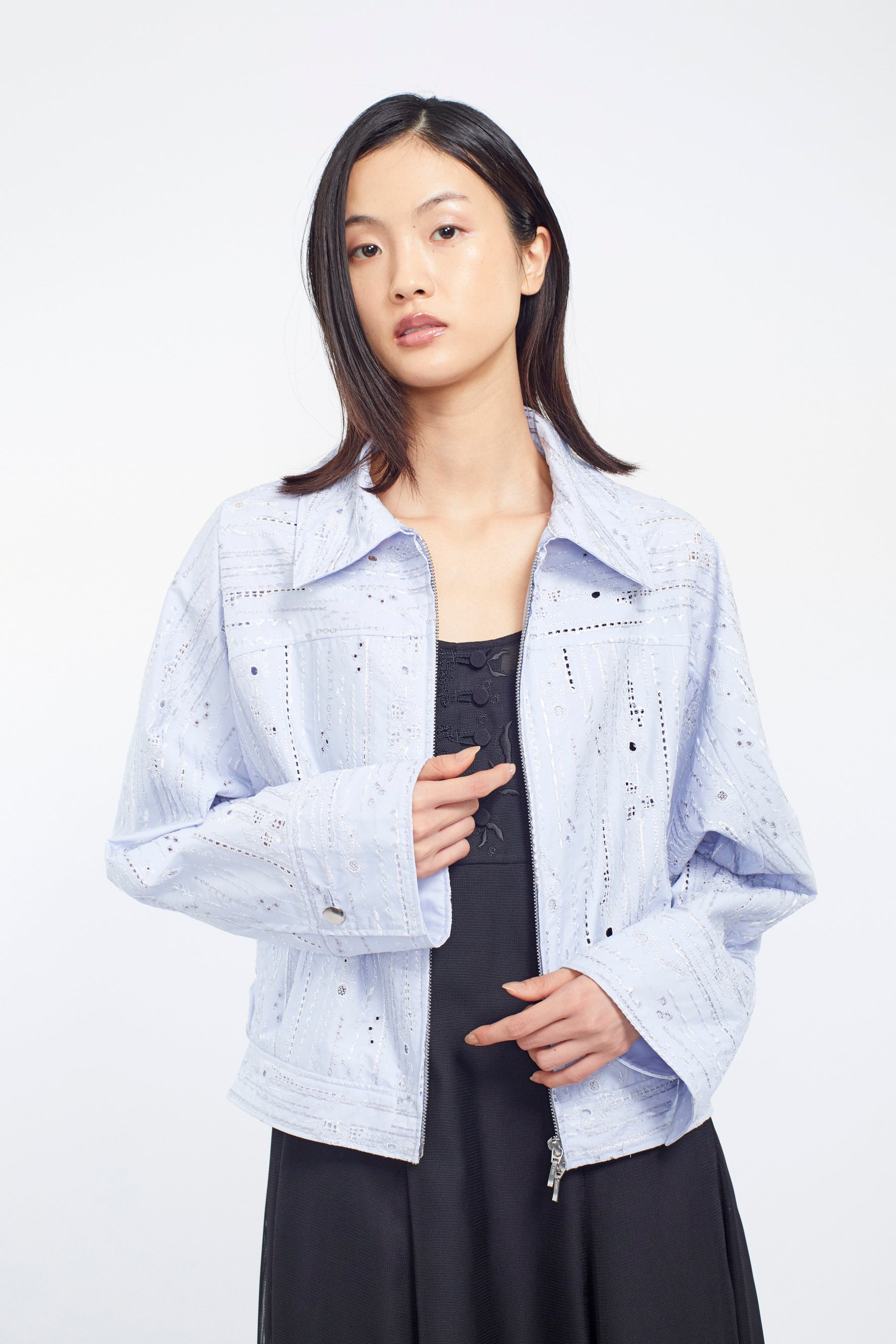 Swaying stripe embroidered blouson (Blue)