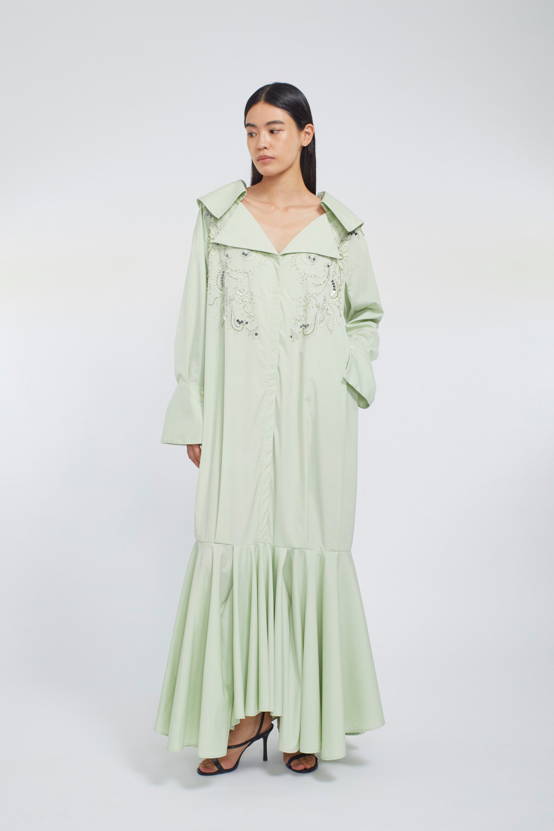 Droplet flower embroidered shirt dress (Light green)