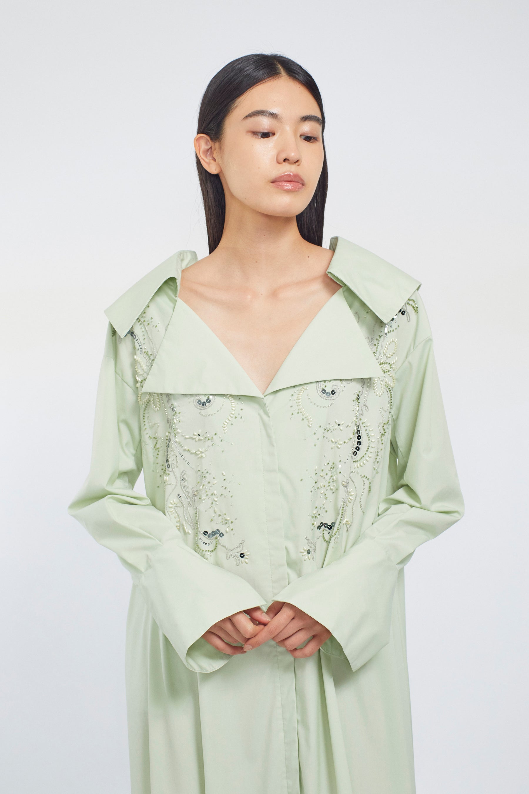Droplet flower embroidered shirt dress (Light green)