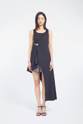 Brooch gather asymmetric dress (Black)