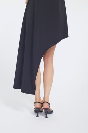 Brooch gather asymmetric dress (Black)