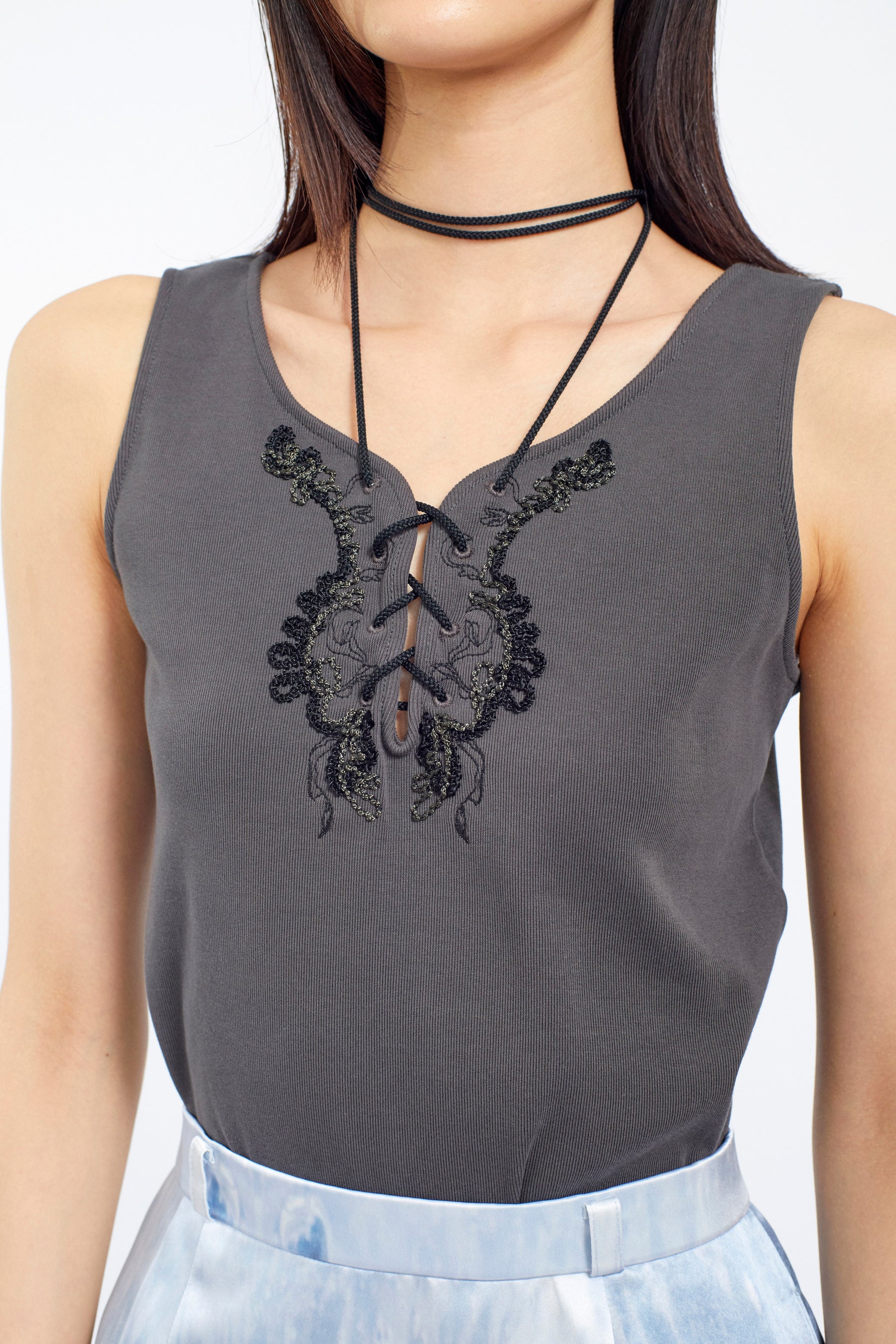 Lace up embroidered tank (Gray)