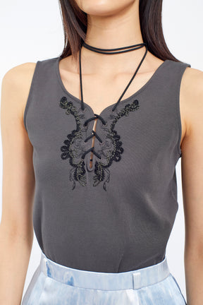 Lace up embroidered tank (Gray)