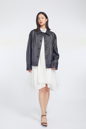 Relief embroidered leather jacket (Black)