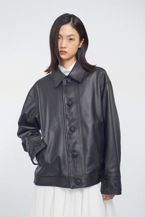 Relief embroidered leather jacket (Black)