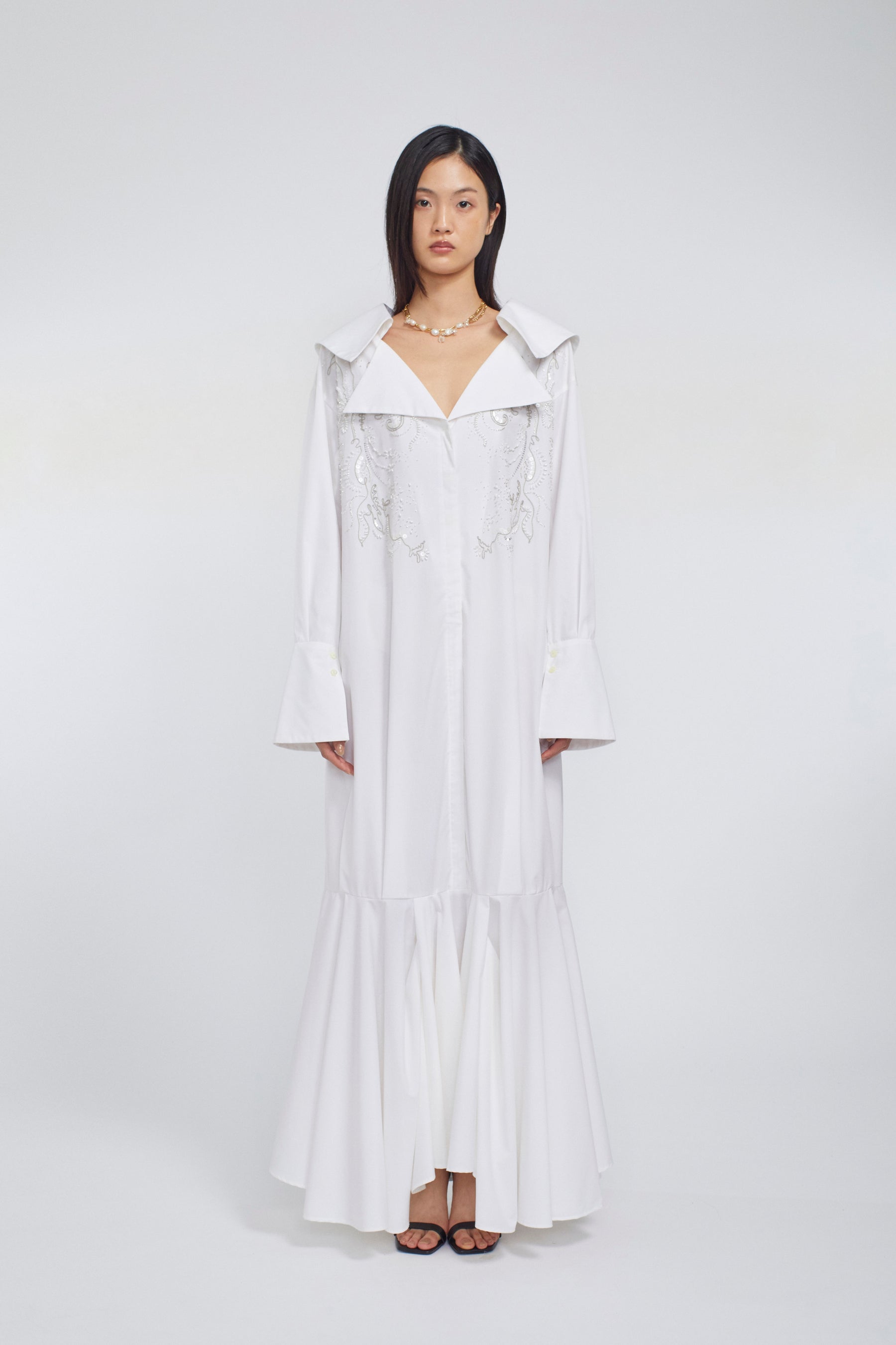 Droplet flower embroidered shirt dress (White)