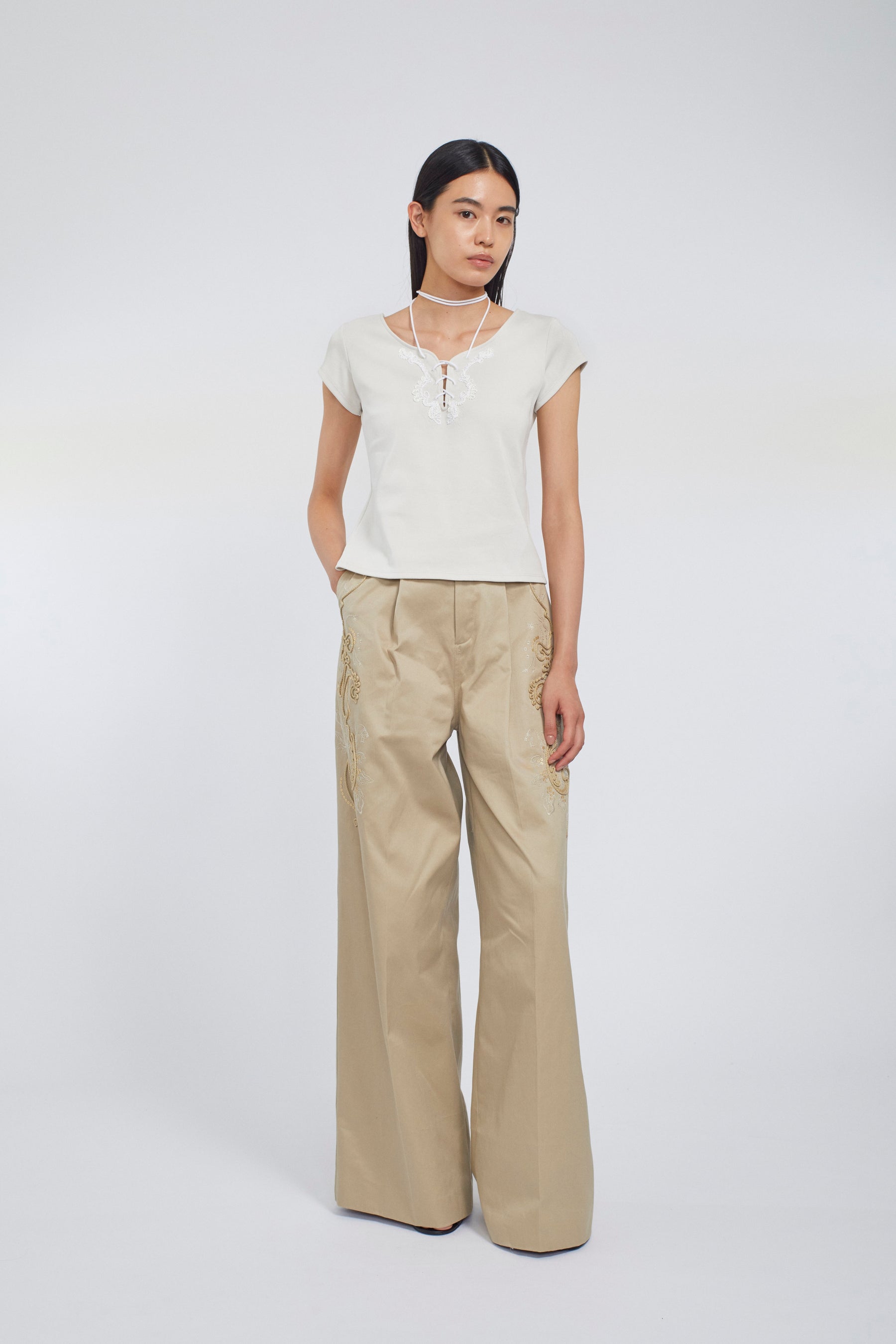 Lace up embroidered tops (Ivory)