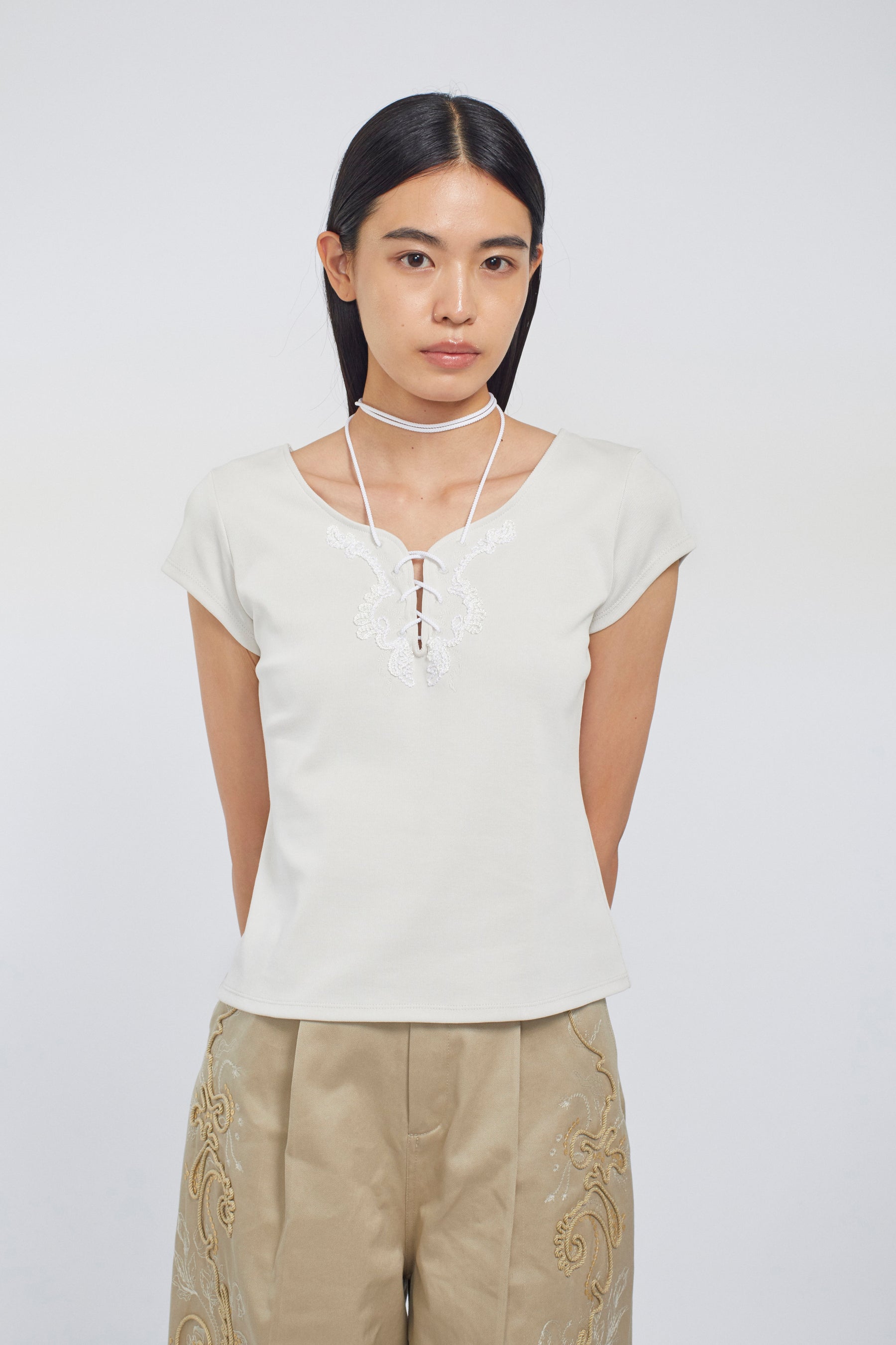 Lace up embroidered tops (Ivory)