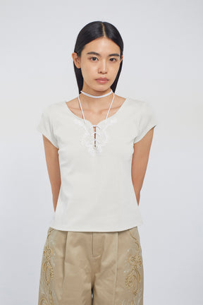 Lace up embroidered tops (Ivory)