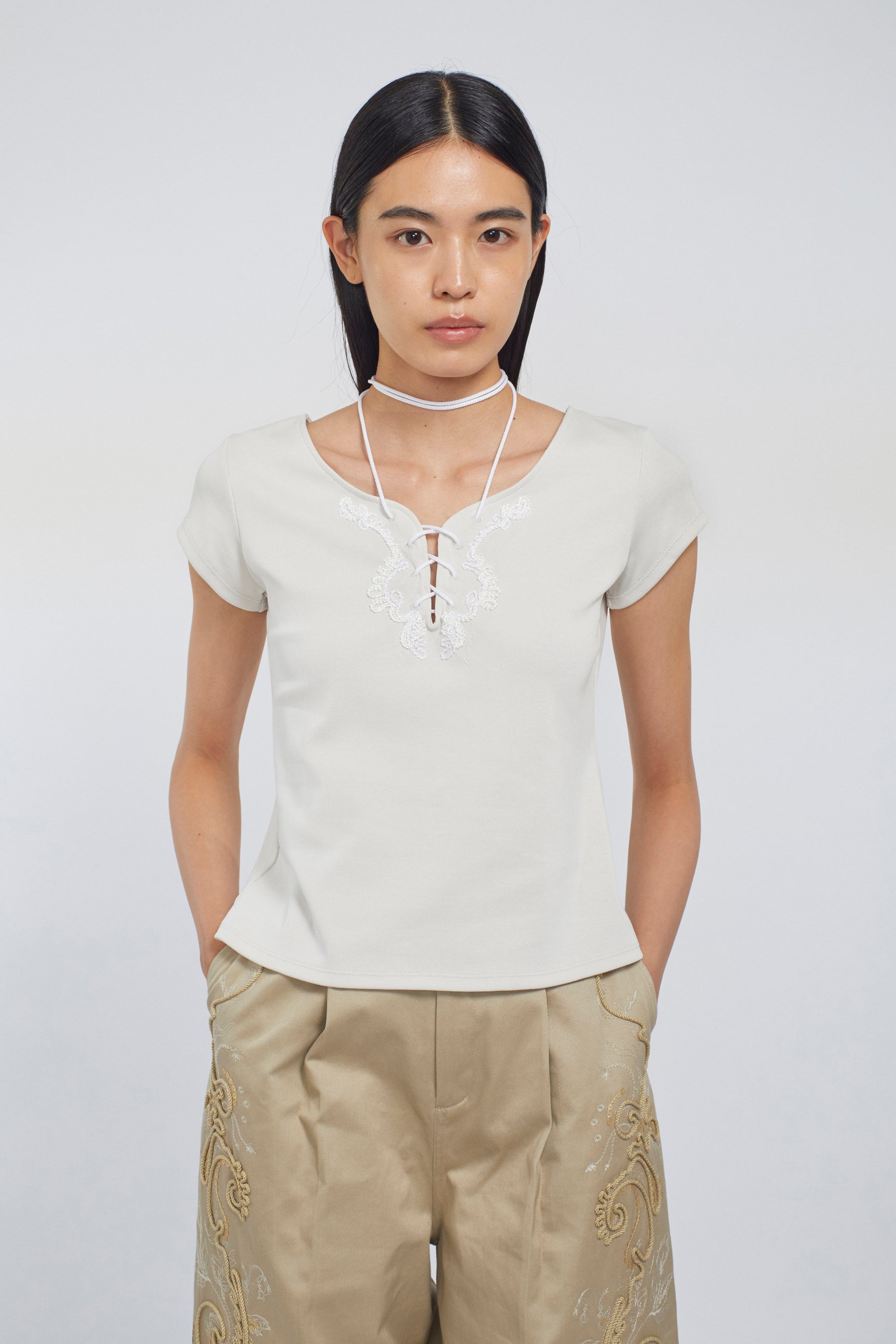 Lace up embroidered tops (Ivory)