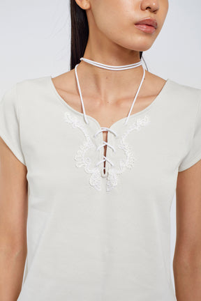 Lace up embroidered tops (Ivory)