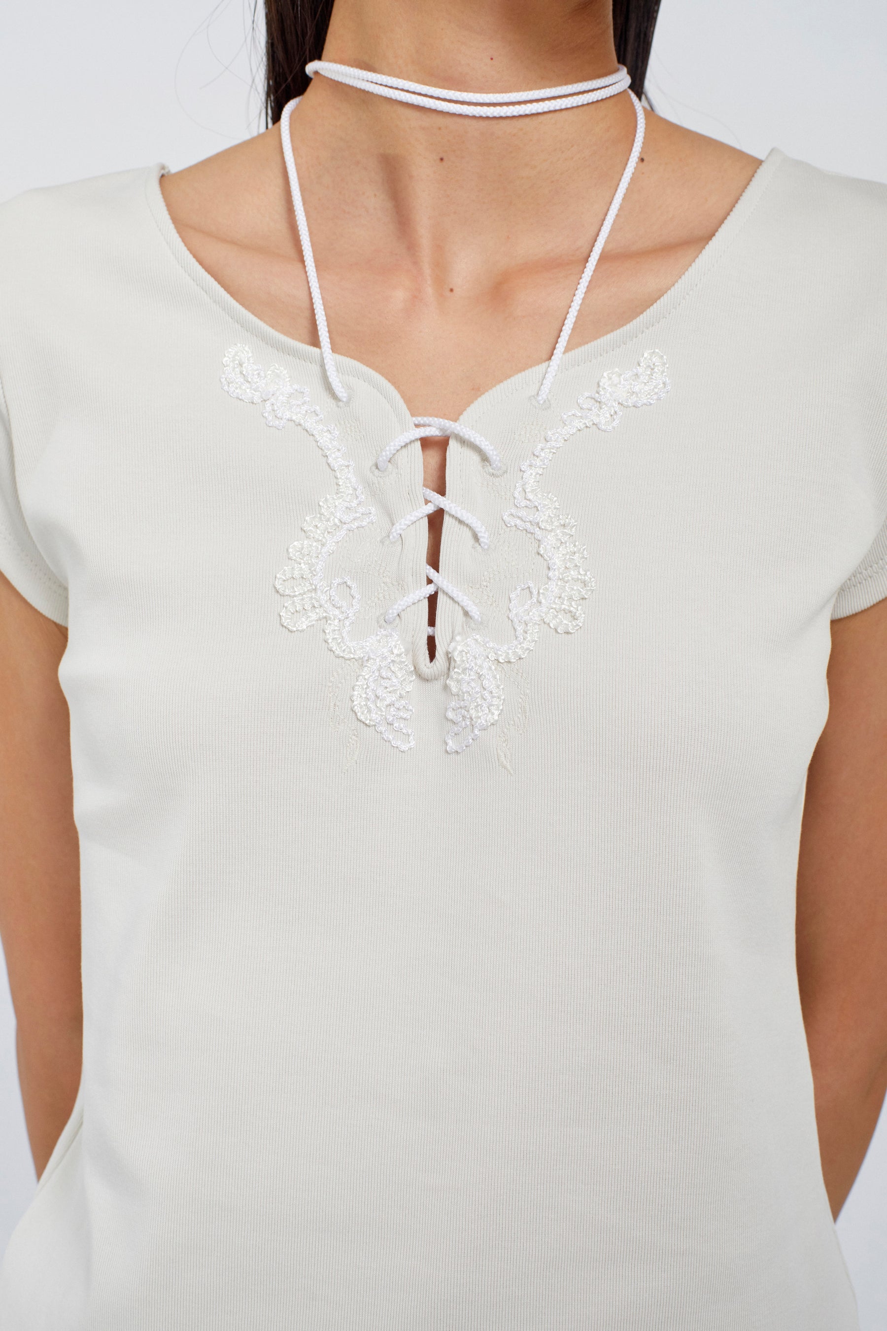Lace up embroidered tops (Ivory)