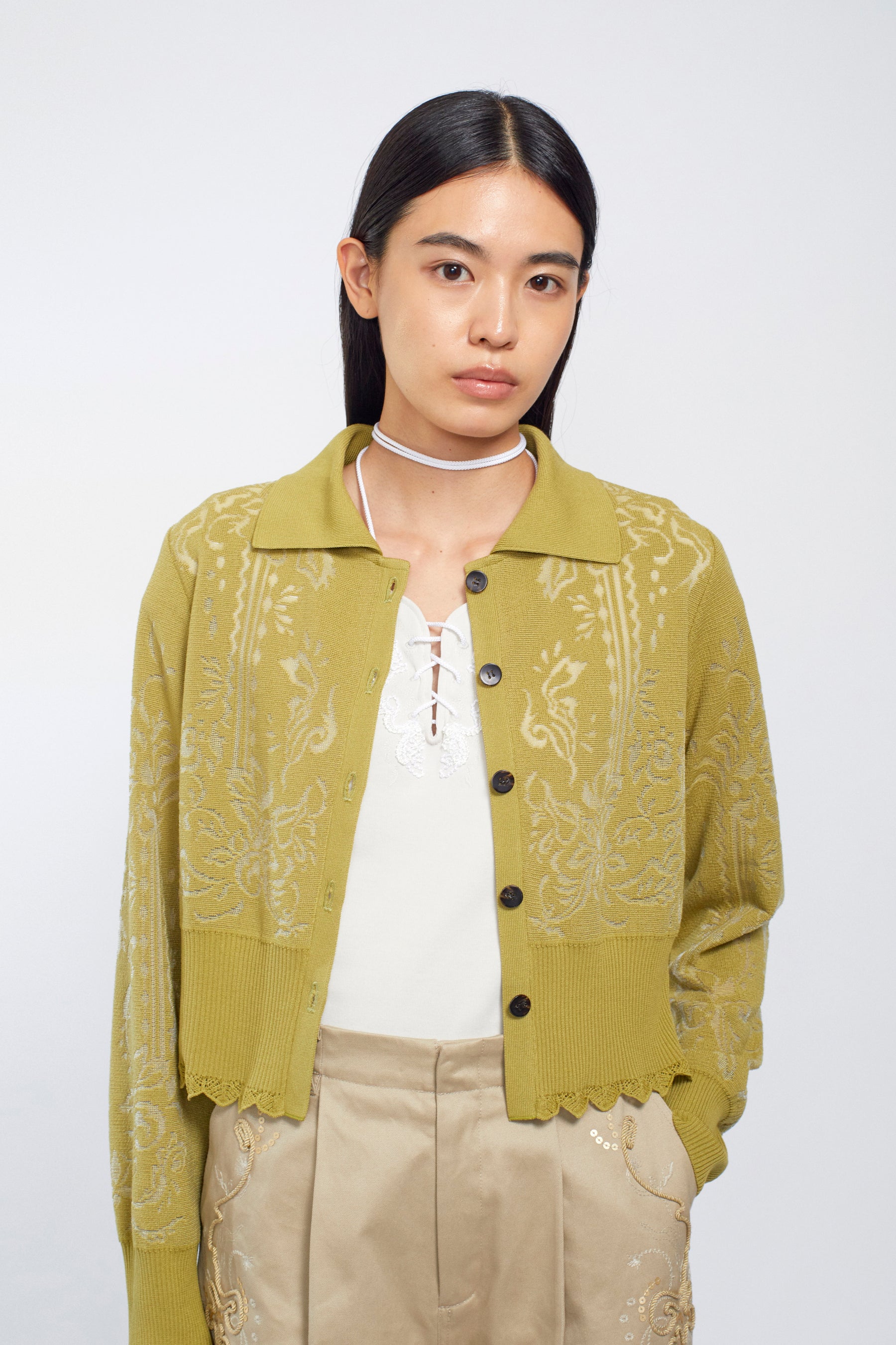 Mirror knit shirt cardigan (Yellow green)