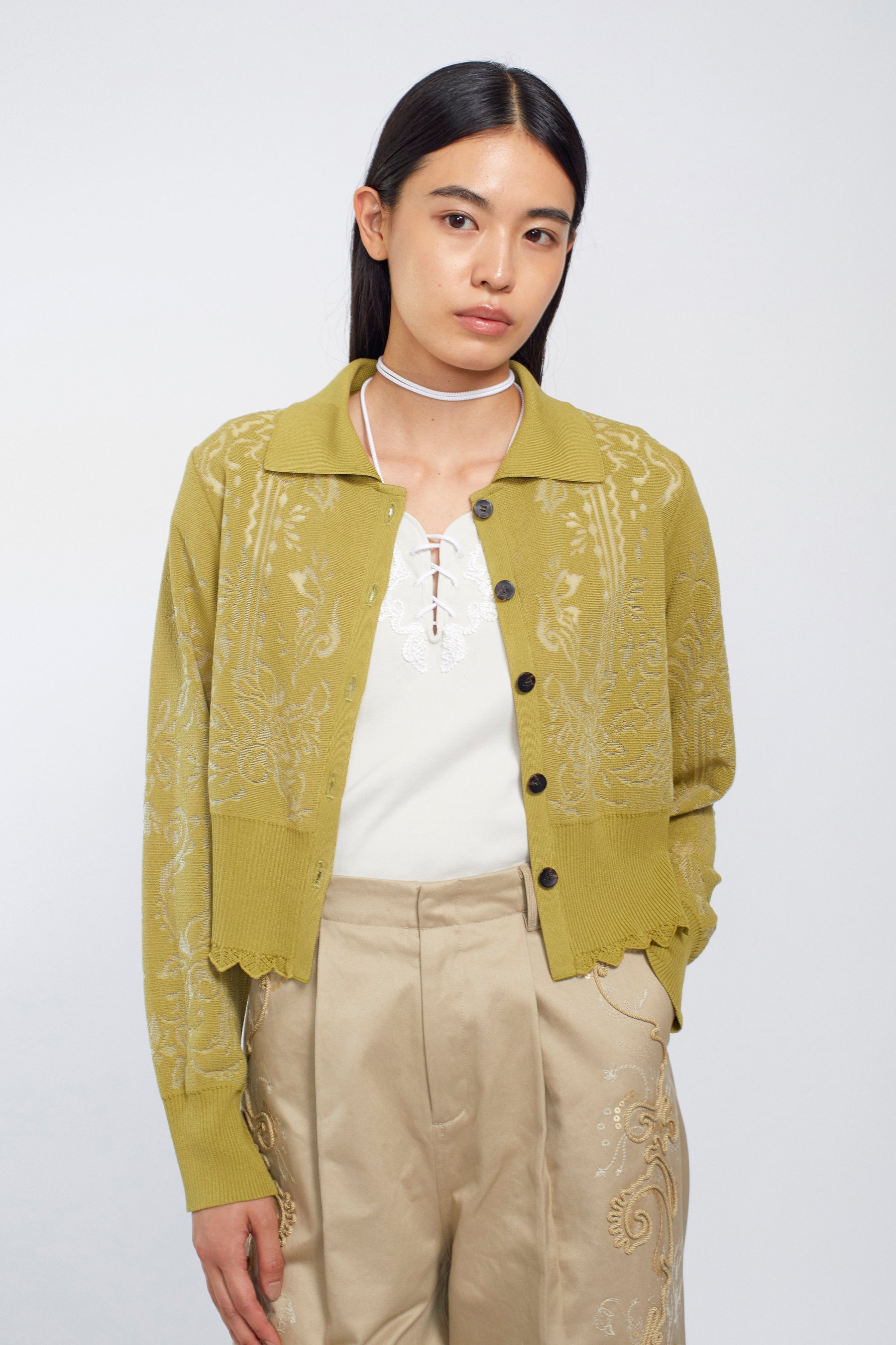 Mirror knit shirt cardigan (Yellow green)