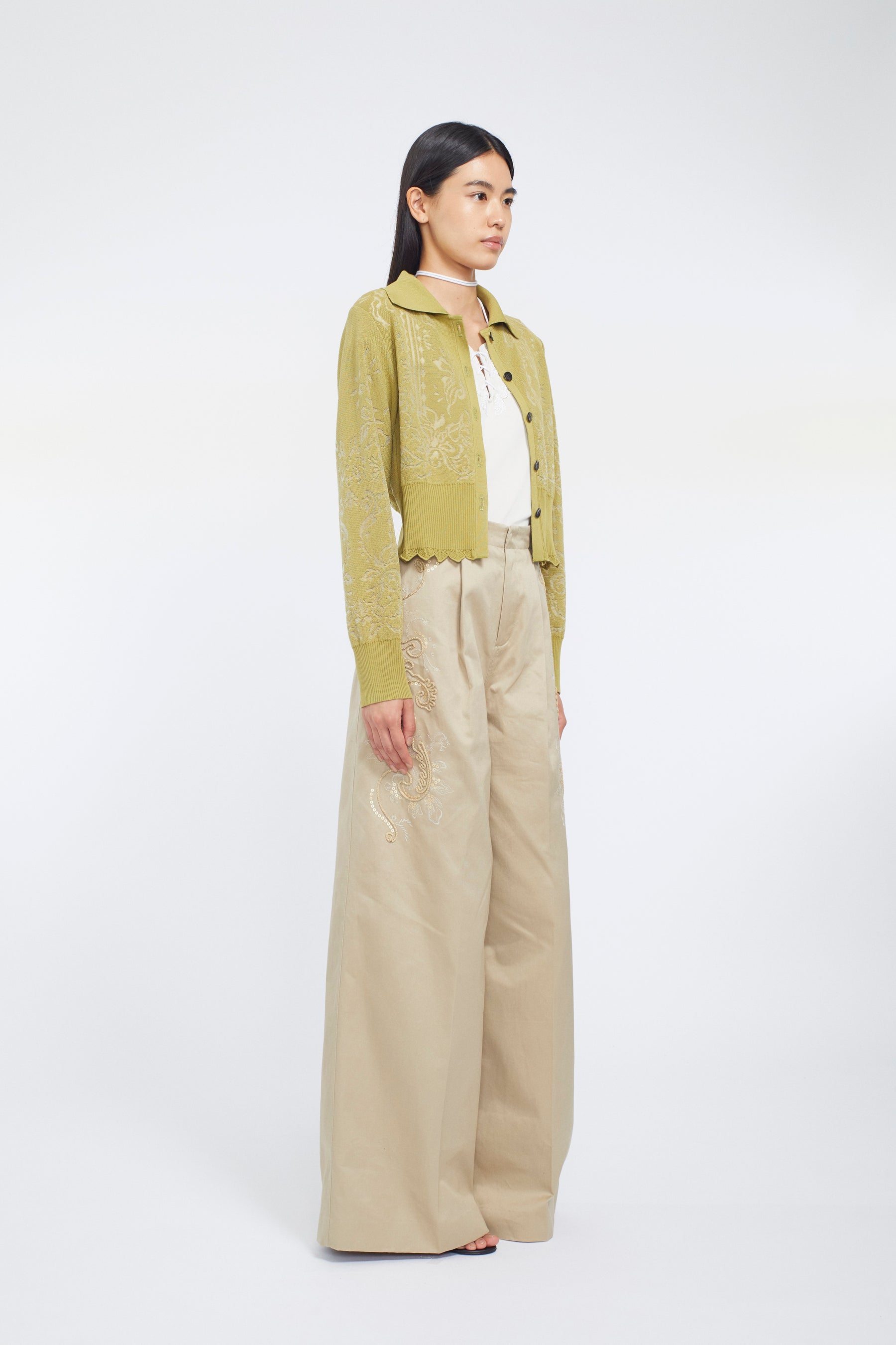 Mirror knit shirt cardigan (Yellow green)