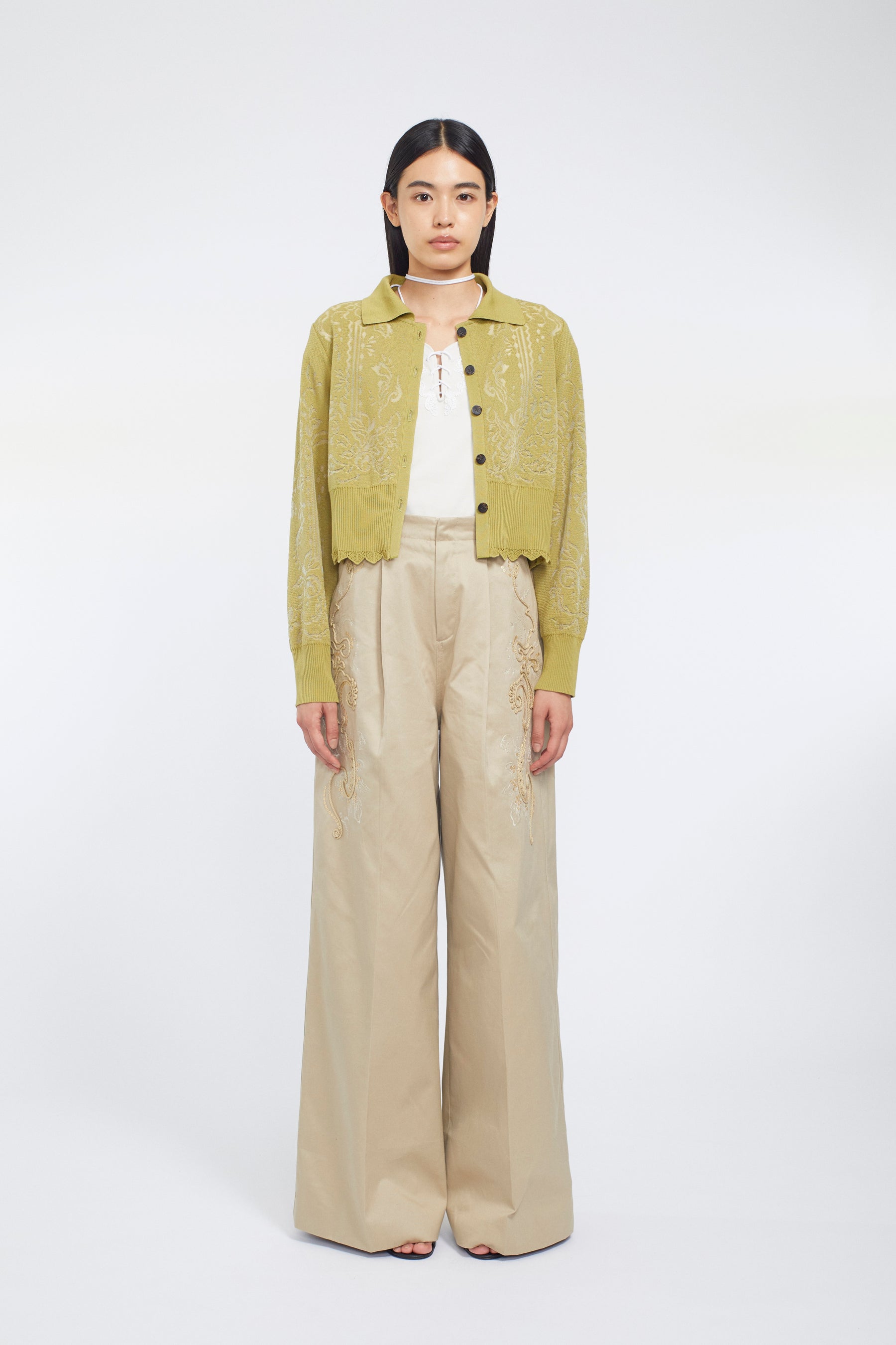 Mirror knit shirt cardigan (Yellow green)