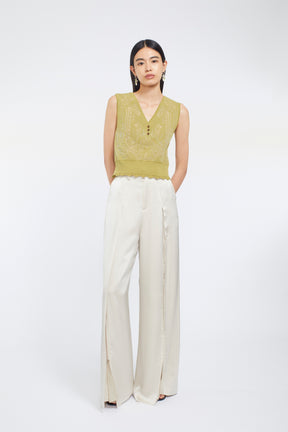 Zip slit satin slacks (Ecru)