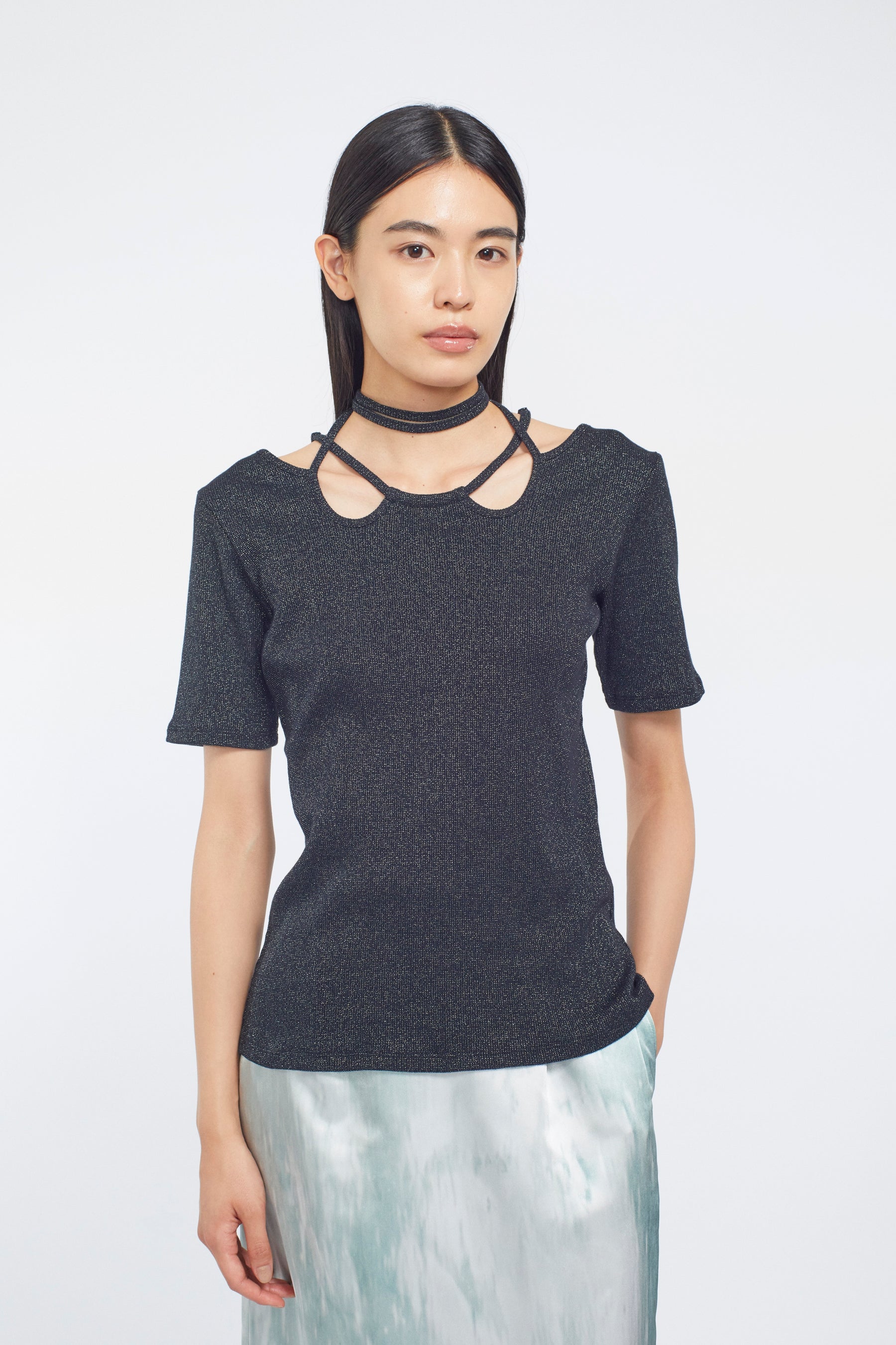 Glitter ivy halfsleeve tops (Black)