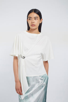 Brooch gather asymmetric tops (White)