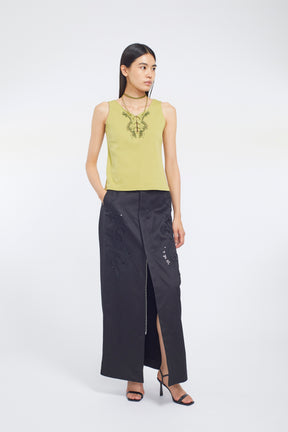 Lace up embroidered tank (Yellow green)