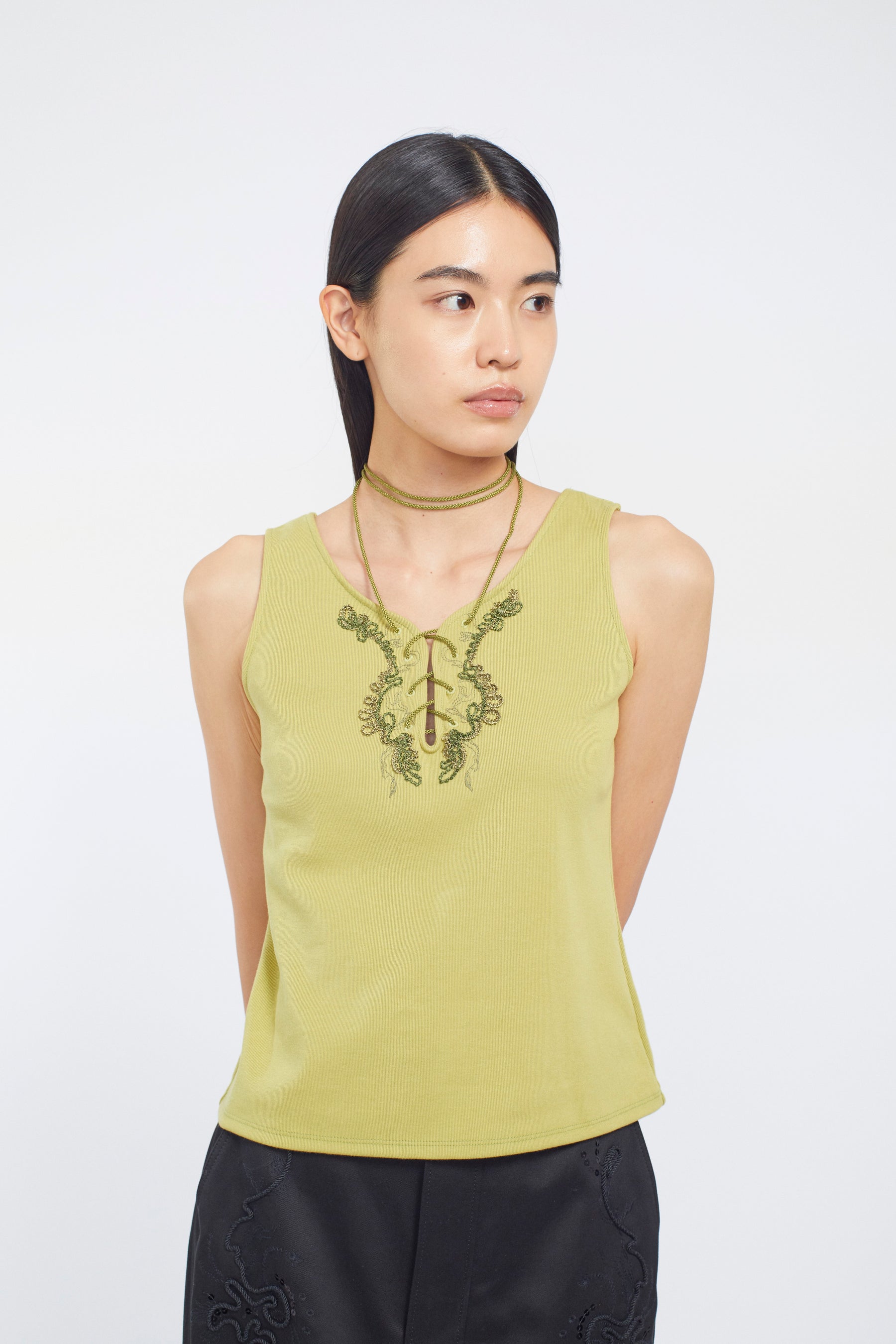 Lace up embroidered tank (Yellow green)