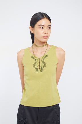 Lace up embroidered tank (Yellow green)
