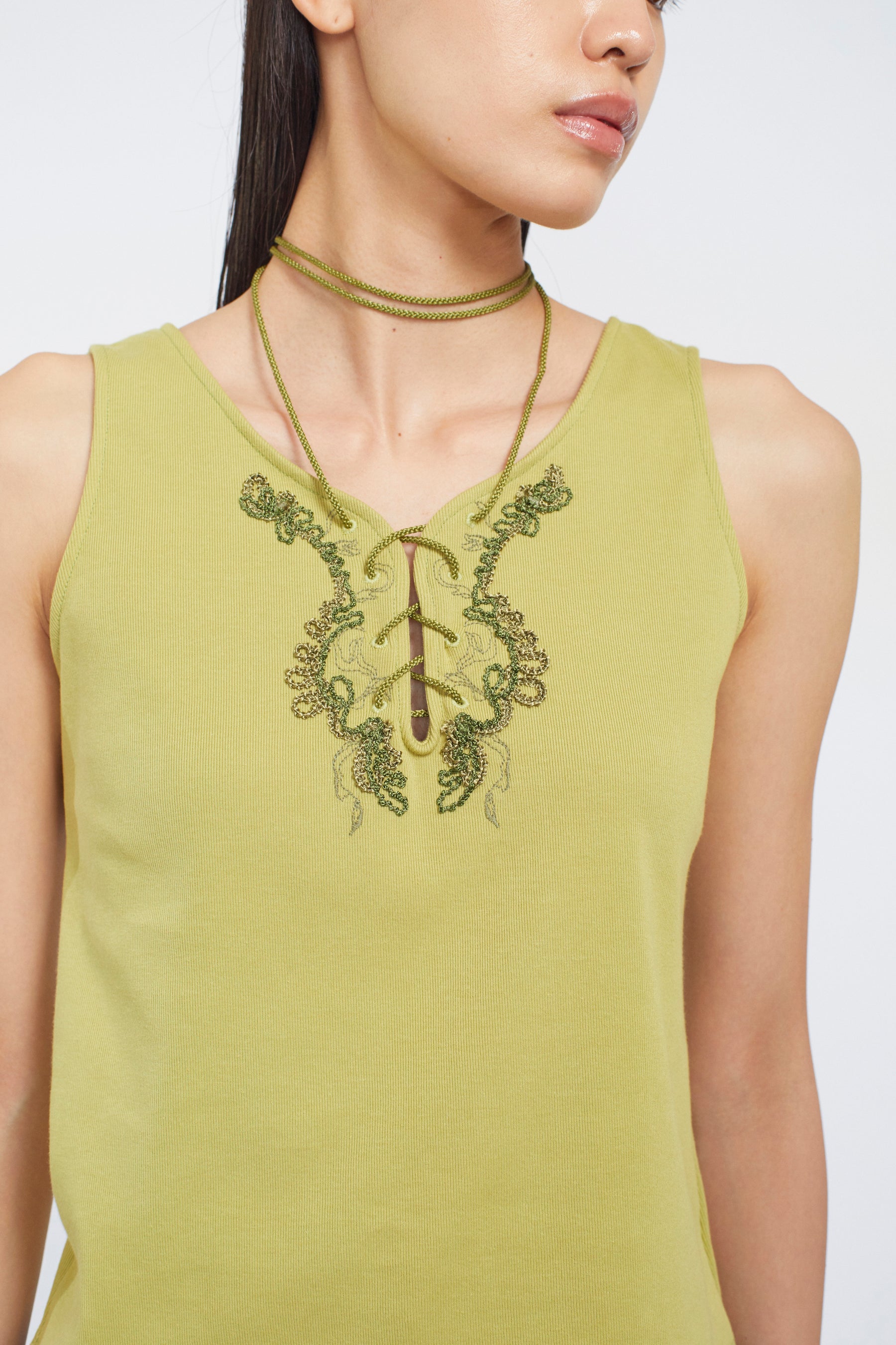 Lace up embroidered tank (Yellow green)