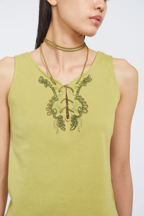 Lace up embroidered tank (Yellow green)
