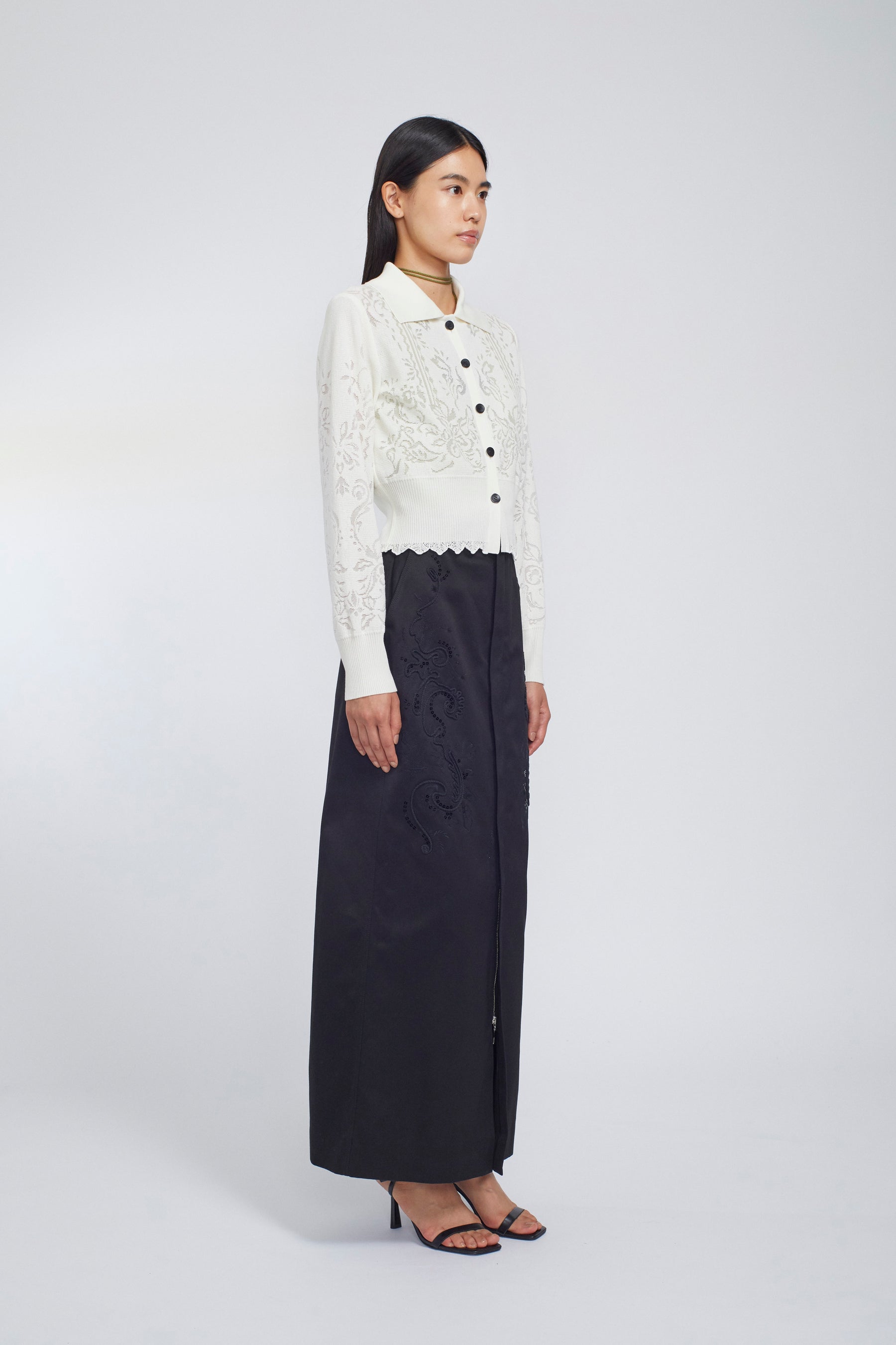 Mirror knit shirt cardigan (White)