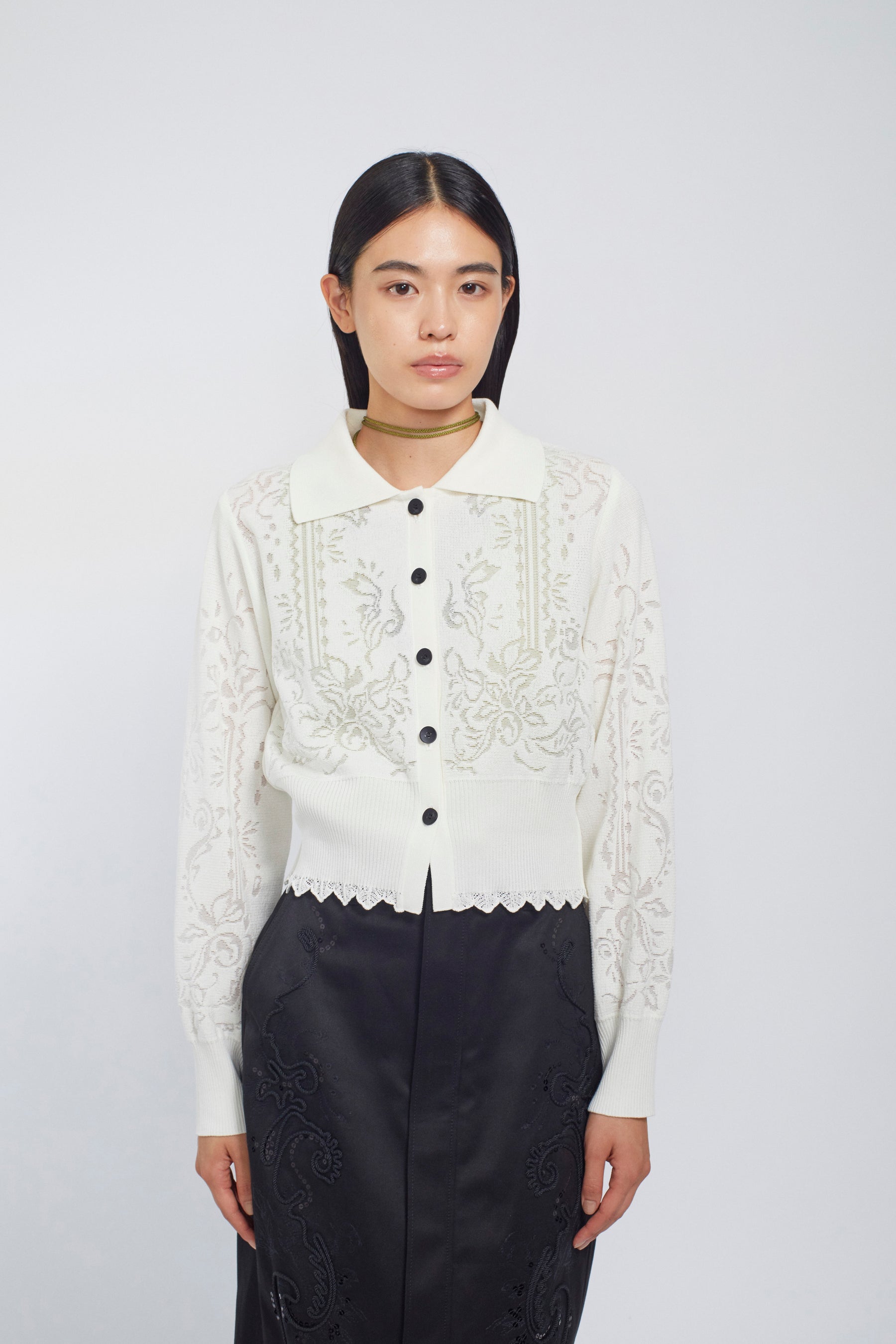Mirror knit shirt cardigan (White)