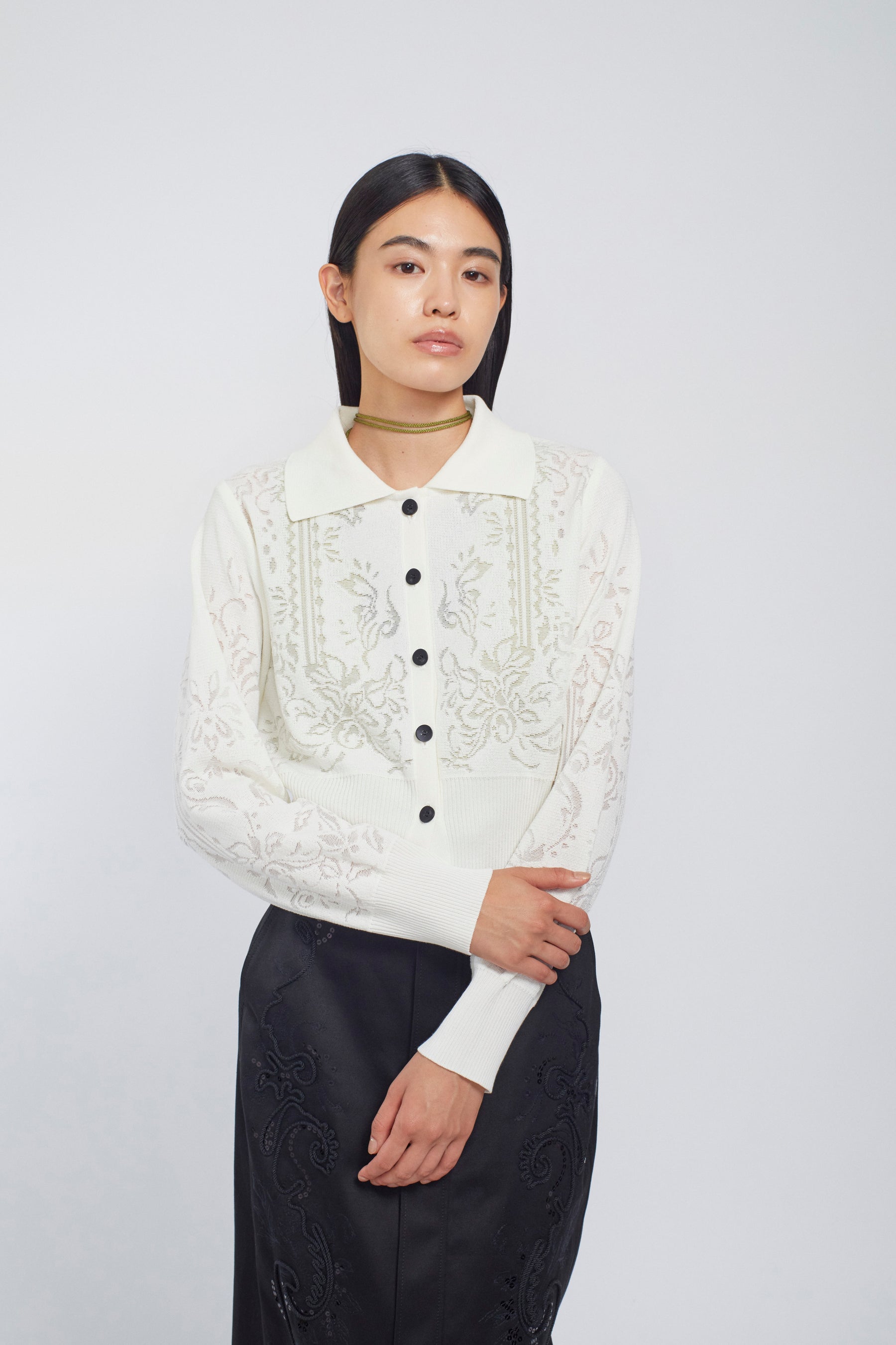 Mirror knit shirt cardigan (White)
