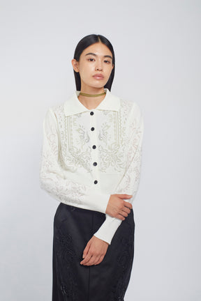 Mirror knit shirt cardigan (White)