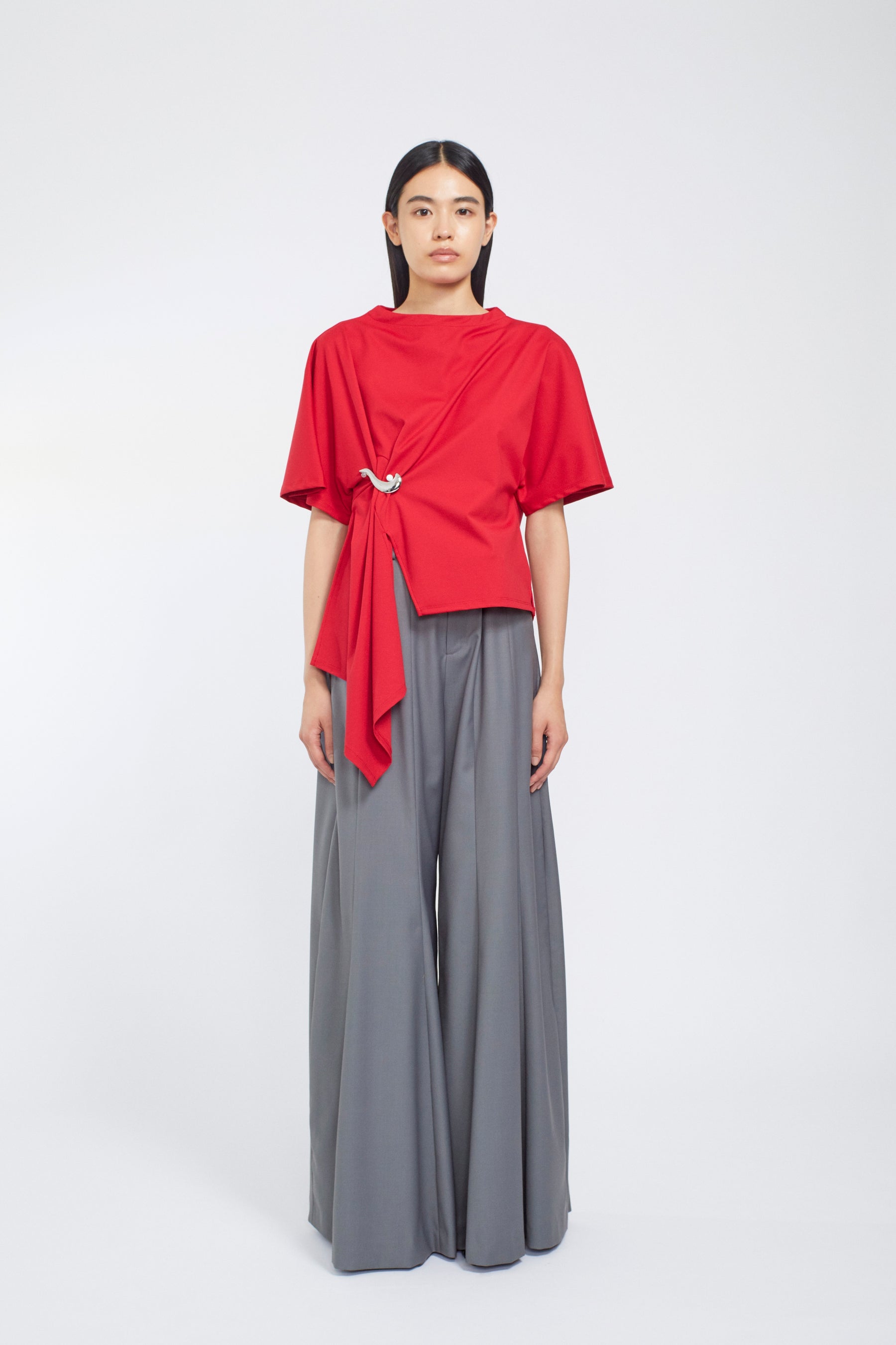 Brooch gather asymmetric tops (Red)