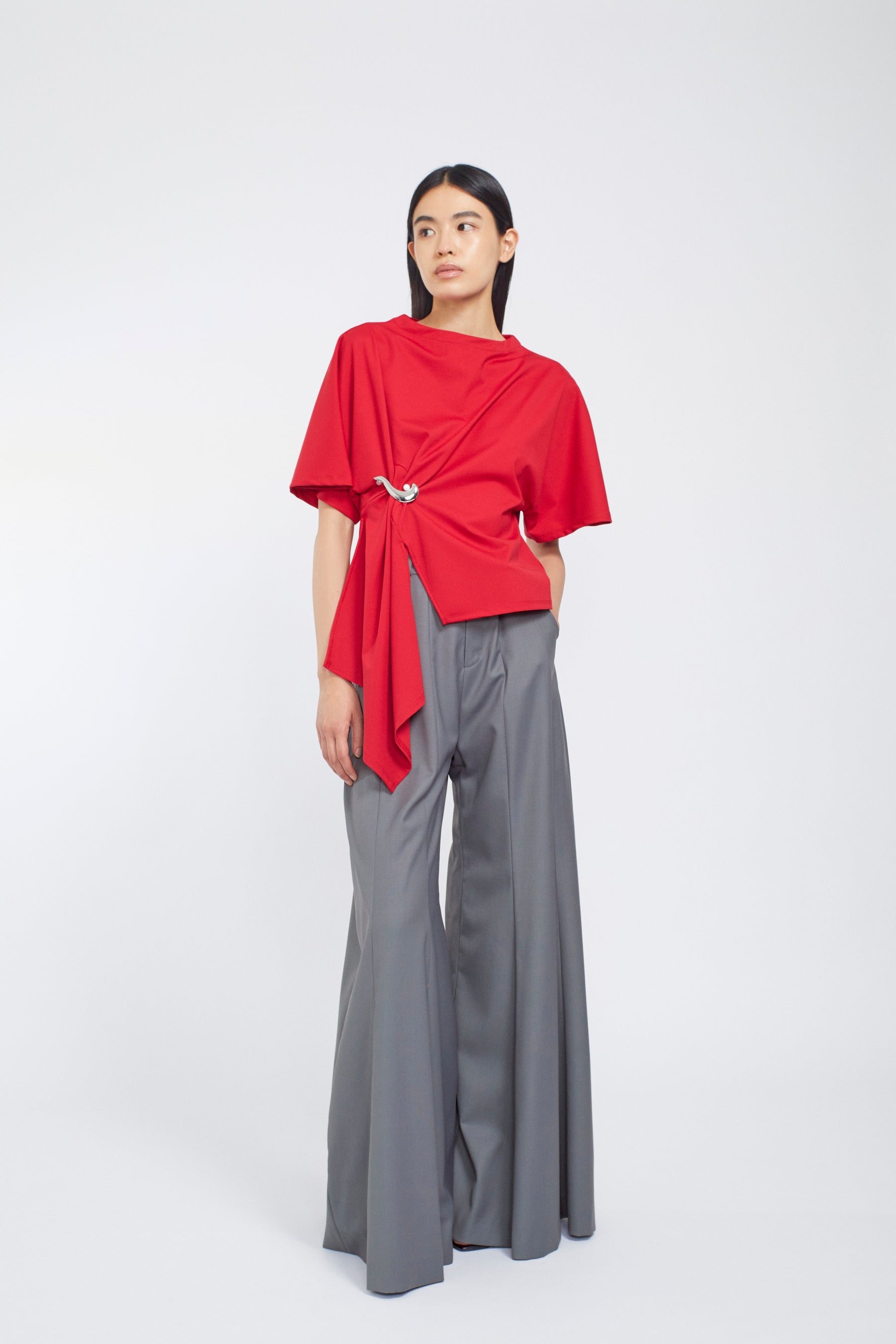 Brooch gather asymmetric tops (Red)