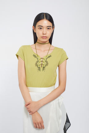 Lace up embroidered tops (Yellow green)
