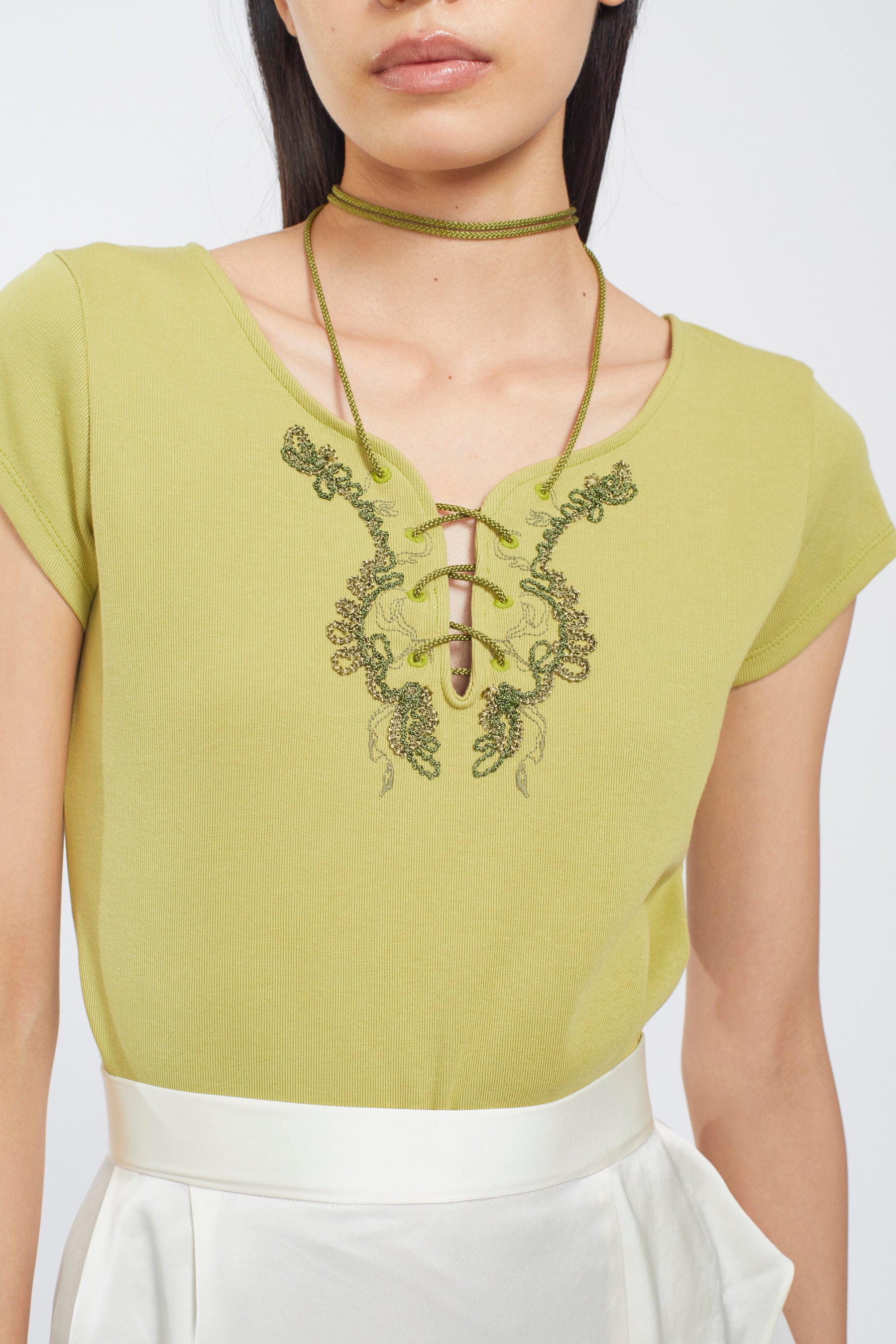 Lace up embroidered tops (Yellow green)