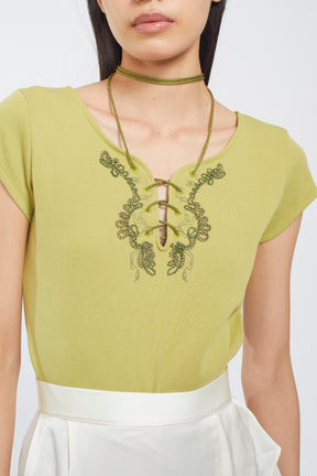 Lace up embroidered tops (Yellow green)