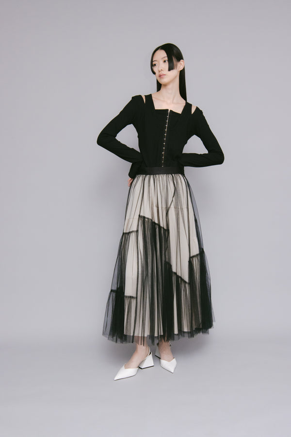 MURRAL Leaf vein tulle skirt (Black)