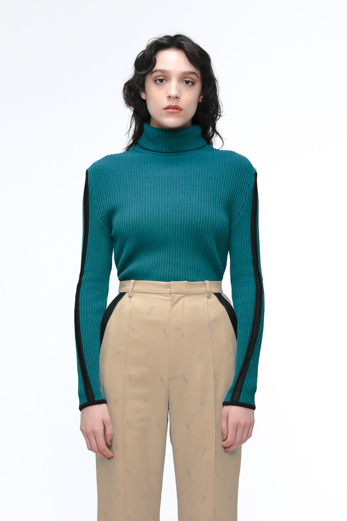 Sheer line sleeve rib knit top (Green)